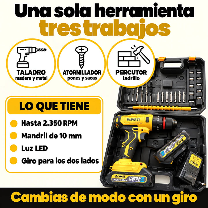 Taladro inalámbrico 128 V · 3 modos, 2 baterías, cargador y maletín con accesorios