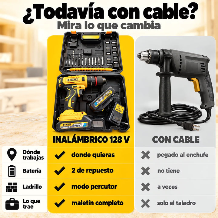 Taladro inalámbrico 128 V · 3 modos, 2 baterías, cargador y maletín con accesorios