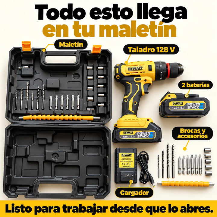 Taladro inalámbrico 128 V · 3 modos, 2 baterías, cargador y maletín con accesorios