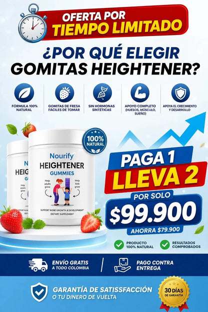 HEIGHTENER 60 GUMMIES Suplemento Natural De Crecimiento paga 1 lleva 2