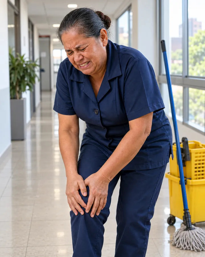 Señora de servicios generales sobándose la rodilla con cara de dolor